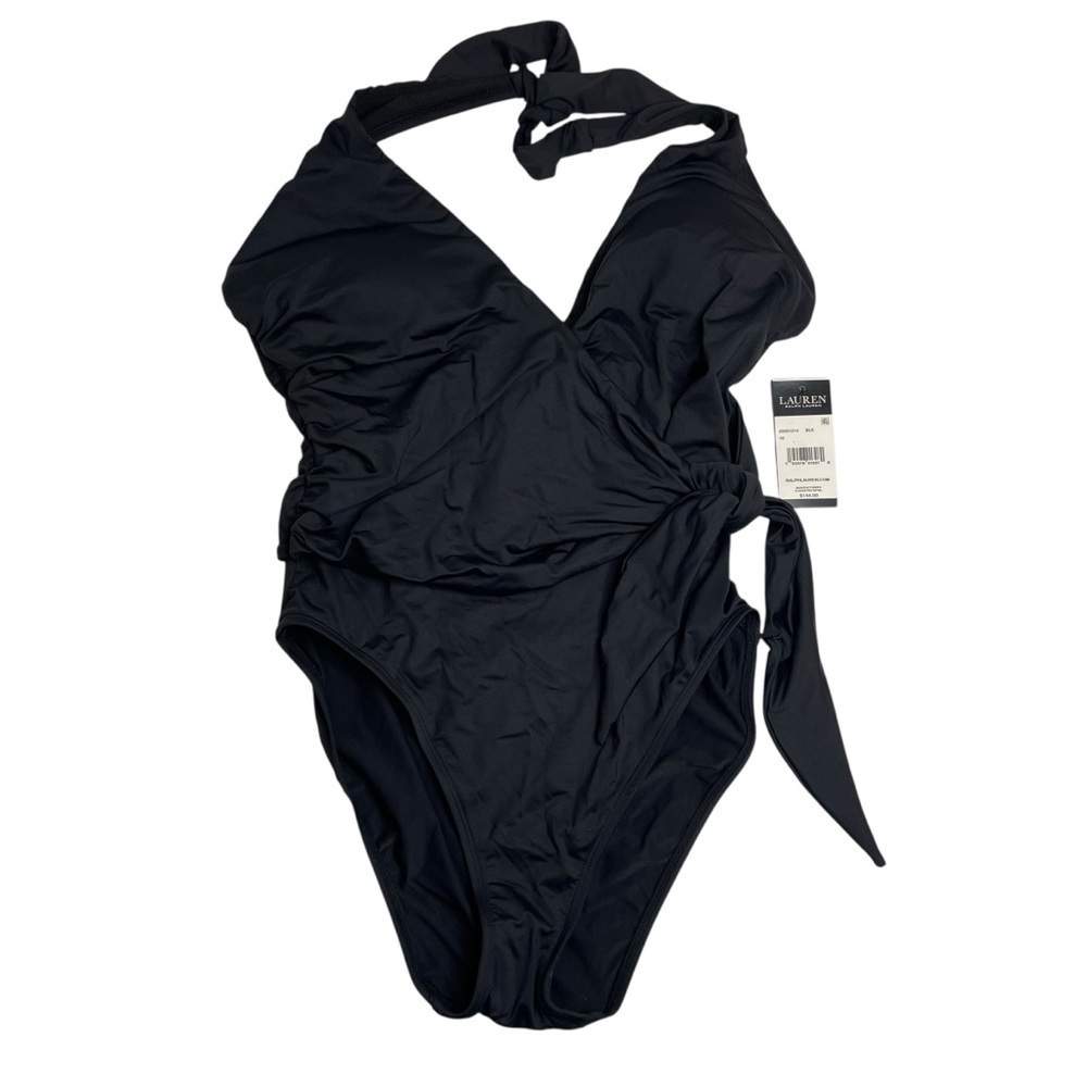 Lauren Ralph Lauren Beach Club Shaping Halter One Piece Swimsuit Black 10 New